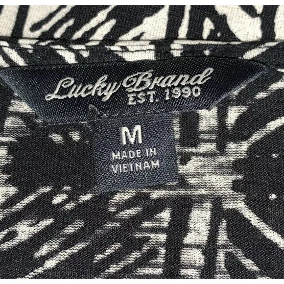 Lucky Brand Hatch Print Top Blouse Women’s Sz MEDIUM Black Ivory Crochet Trim - Picture 8 of 11